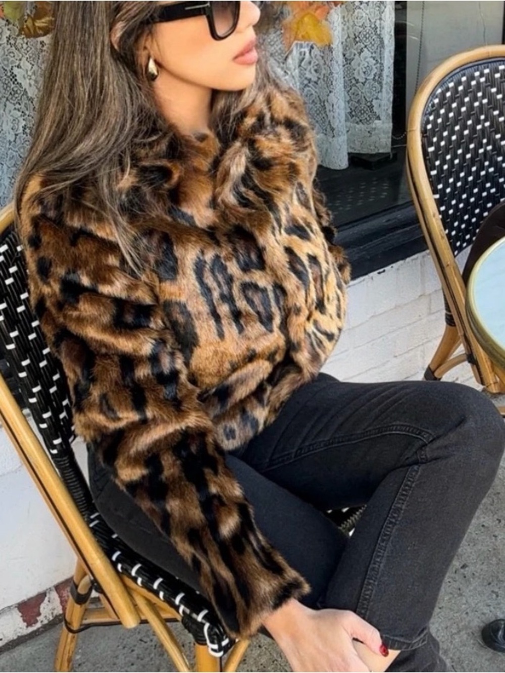 NWT H&M Fluffy Faux Fur Short Jacket Dark Beige / Leopard Print Size M - Picture 2 of 4